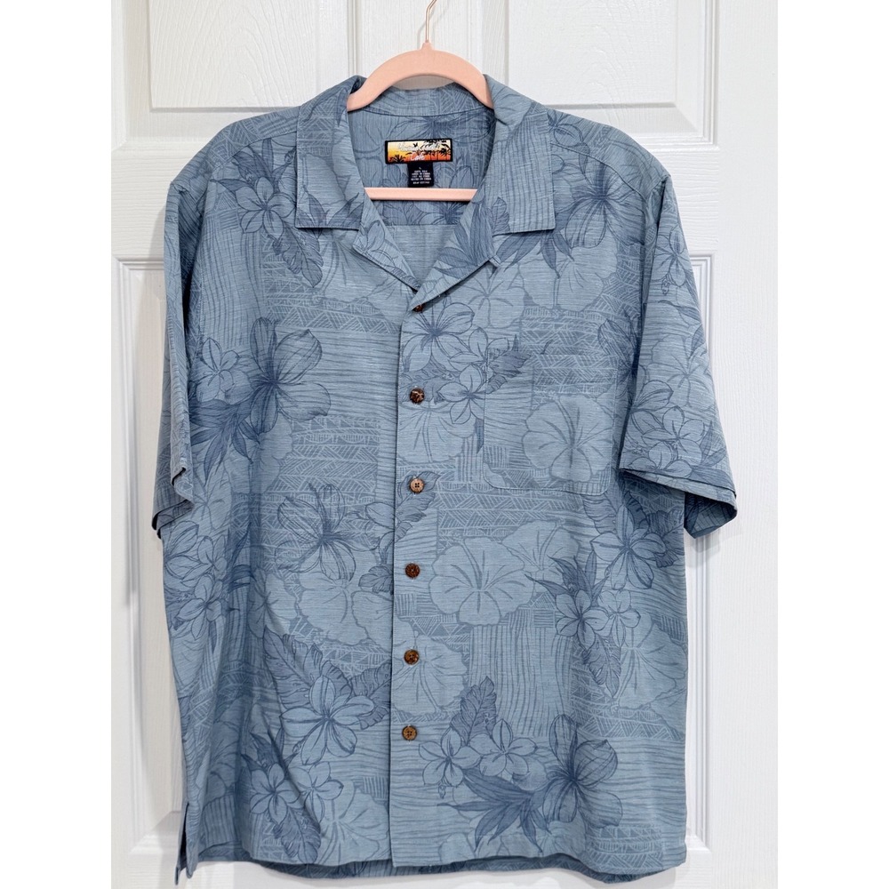 Havana Jacks Cafe Mens Large Blue 100% Silk Floral Tropical Camp Aloha Shirt
